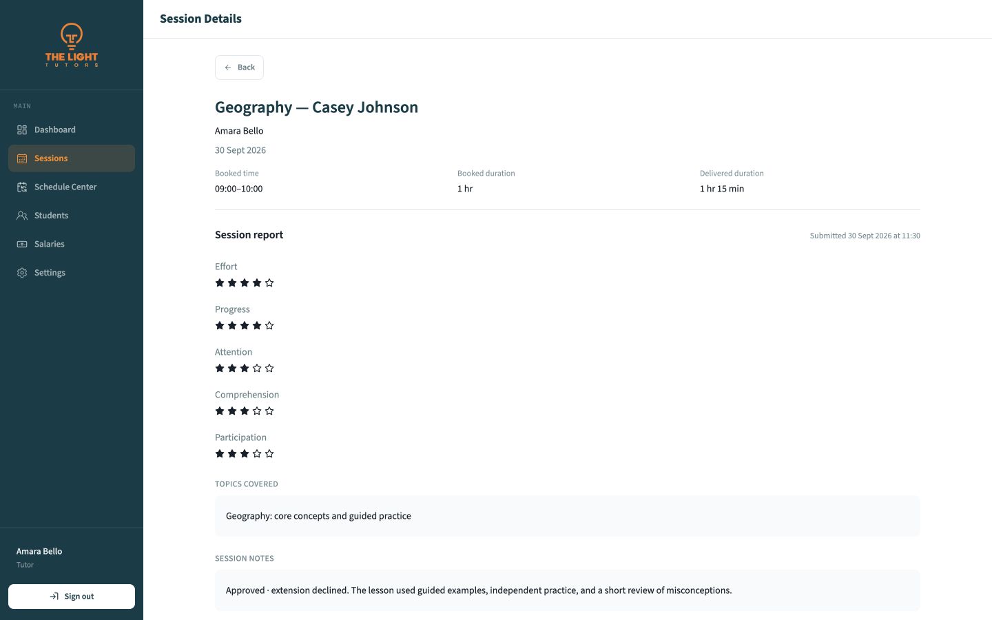 Approved Session report with ratings and report content