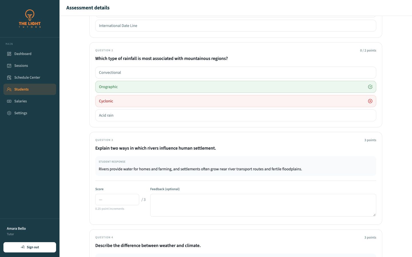 Assessment grading view with an open-ended Student response, score, and feedback field