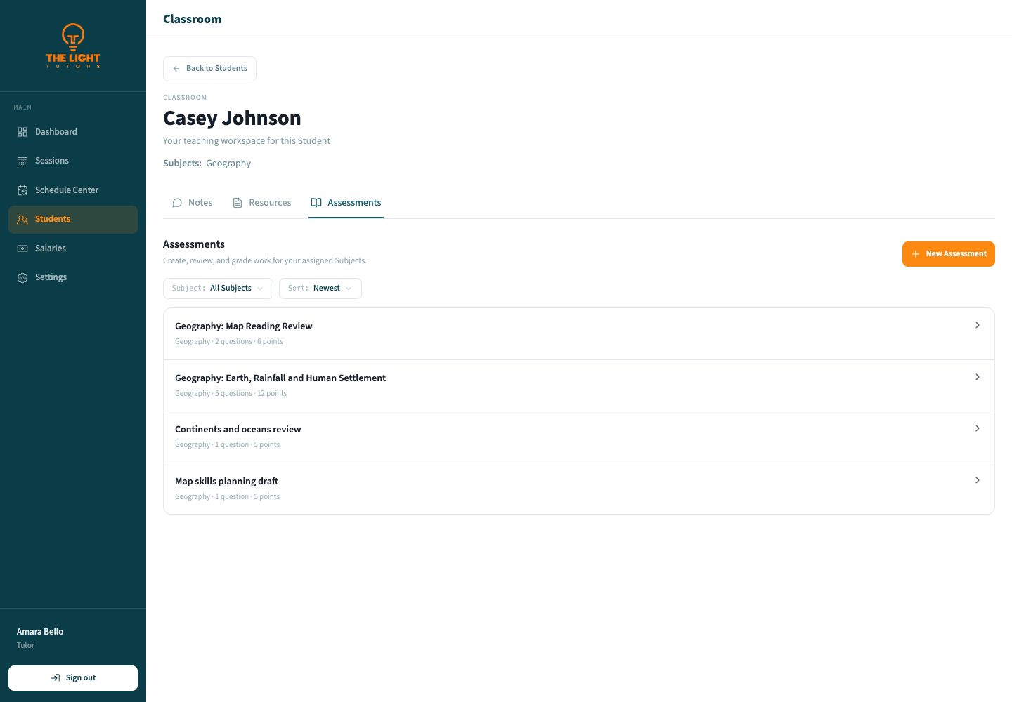 Classroom Assessments tab with four seeded assessments and a New Assessment button