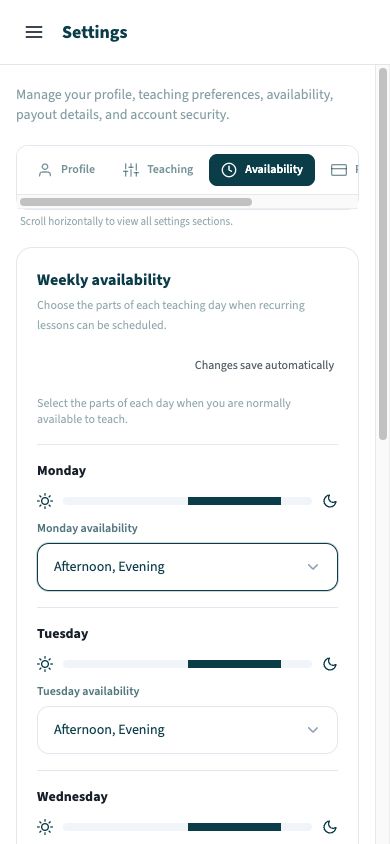 Mobile weekly availability editor with a horizontally scrollable Settings tab row and automatic-save status
