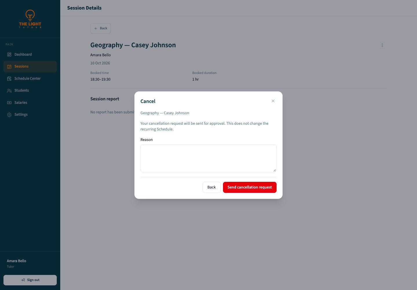 Cancel Session dialog with a reason field and Send cancellation request button