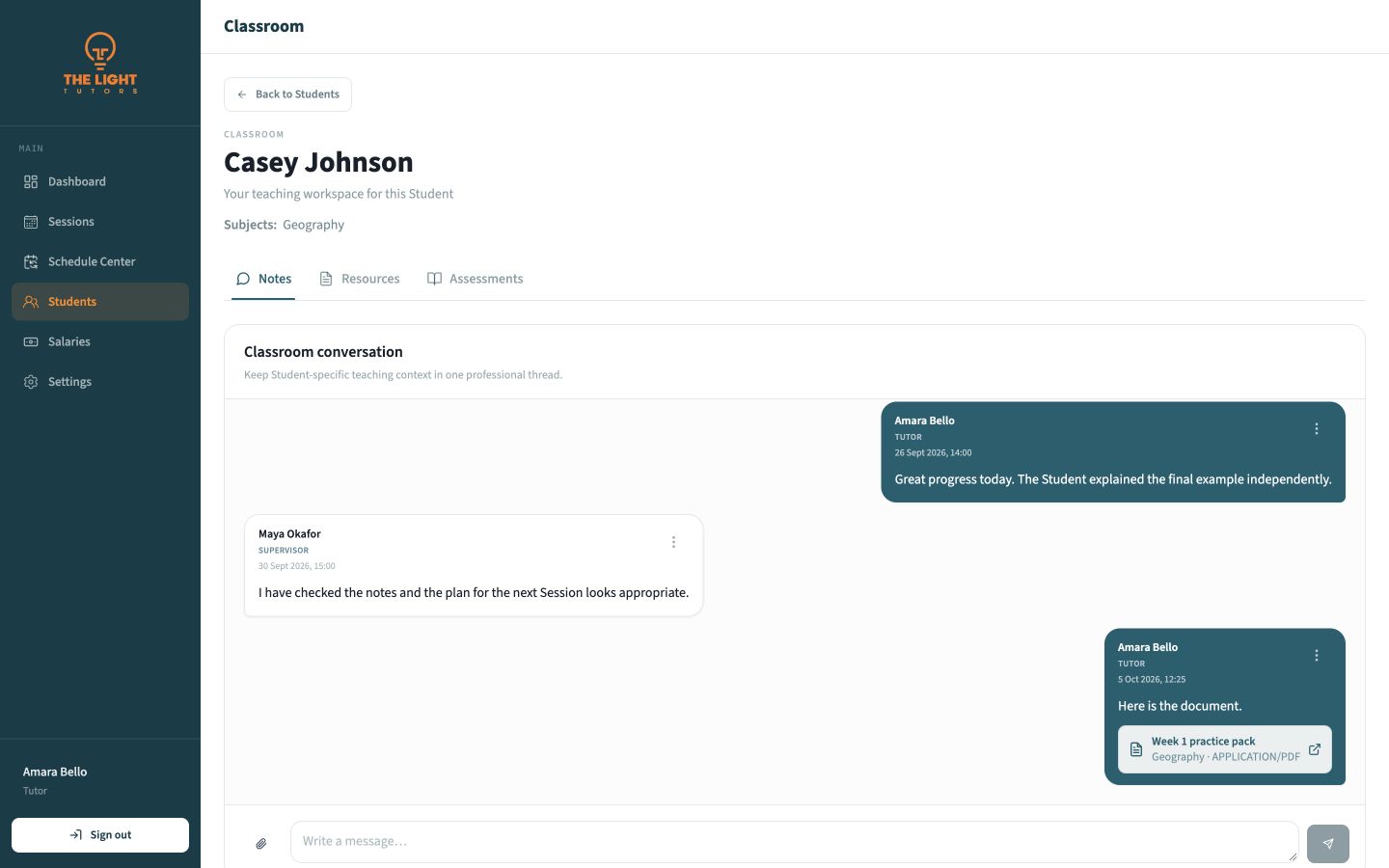 Classroom Notes tab with tutor and supervisor messages and a linked resource