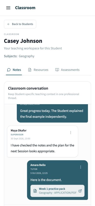 Mobile Classroom Notes tab with a linked resource card