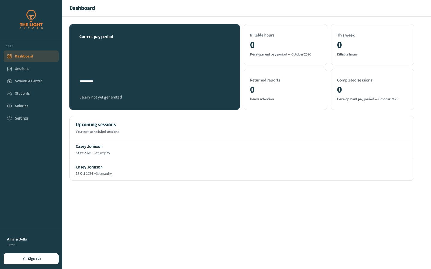 Tutor Dashboard with the desktop sidebar showing Dashboard, Sessions, Schedule Center, Students, Salaries, and Settings