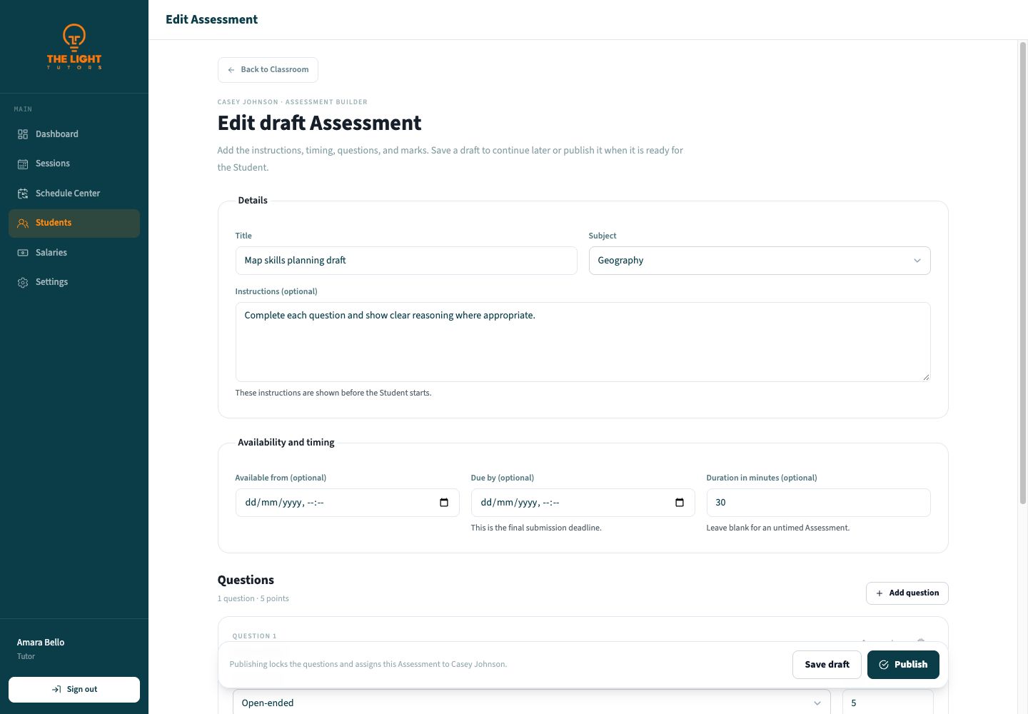 Edit draft Assessment page with saved details, timing, question, Save draft, and Publish controls