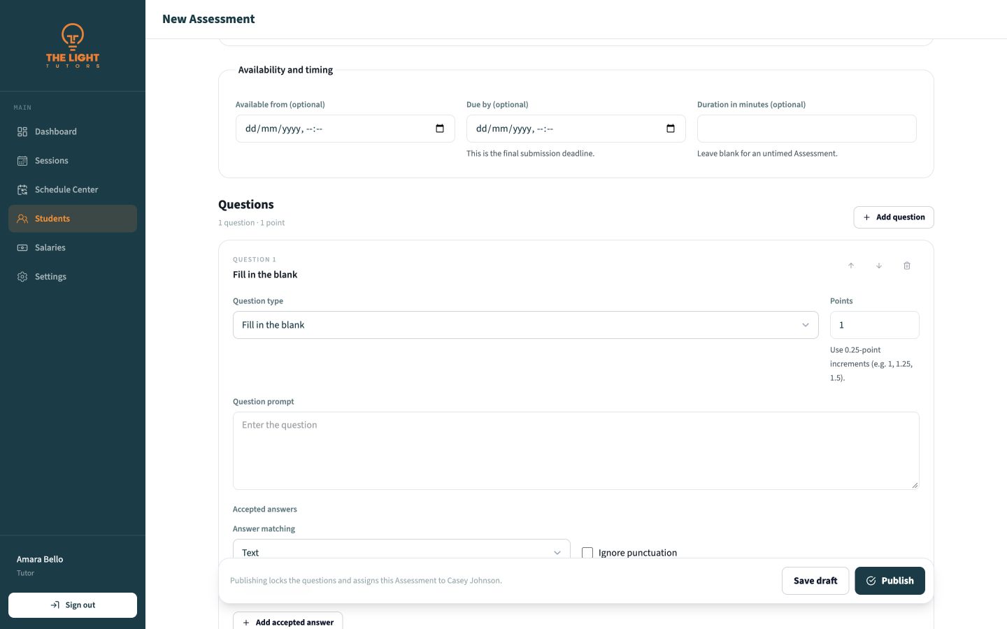 Fill-in-the-blank question editor with accepted answers and answer matching