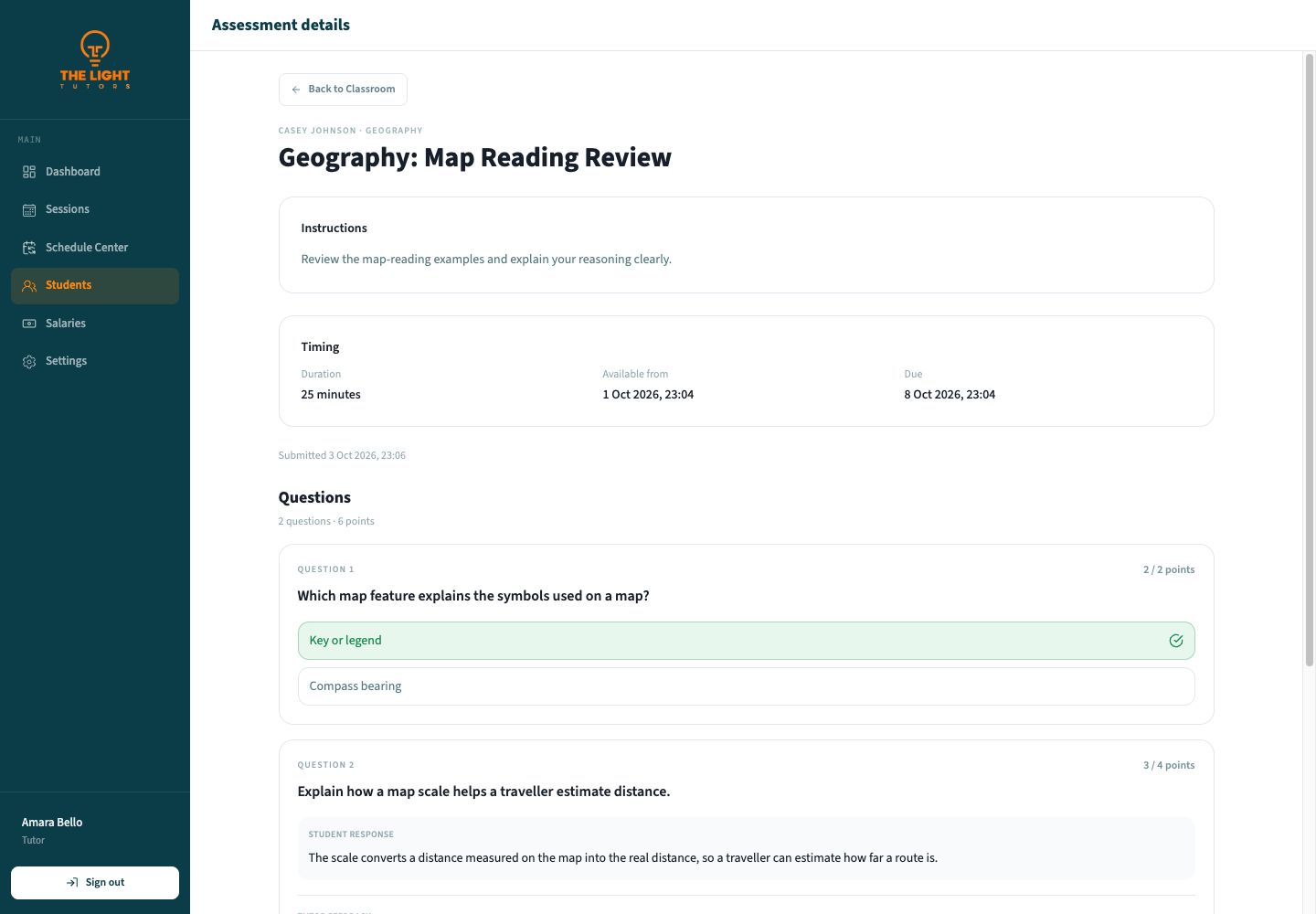 Graded Geography Assessment showing timing, a correct multiple-choice answer, and an open-ended Student response