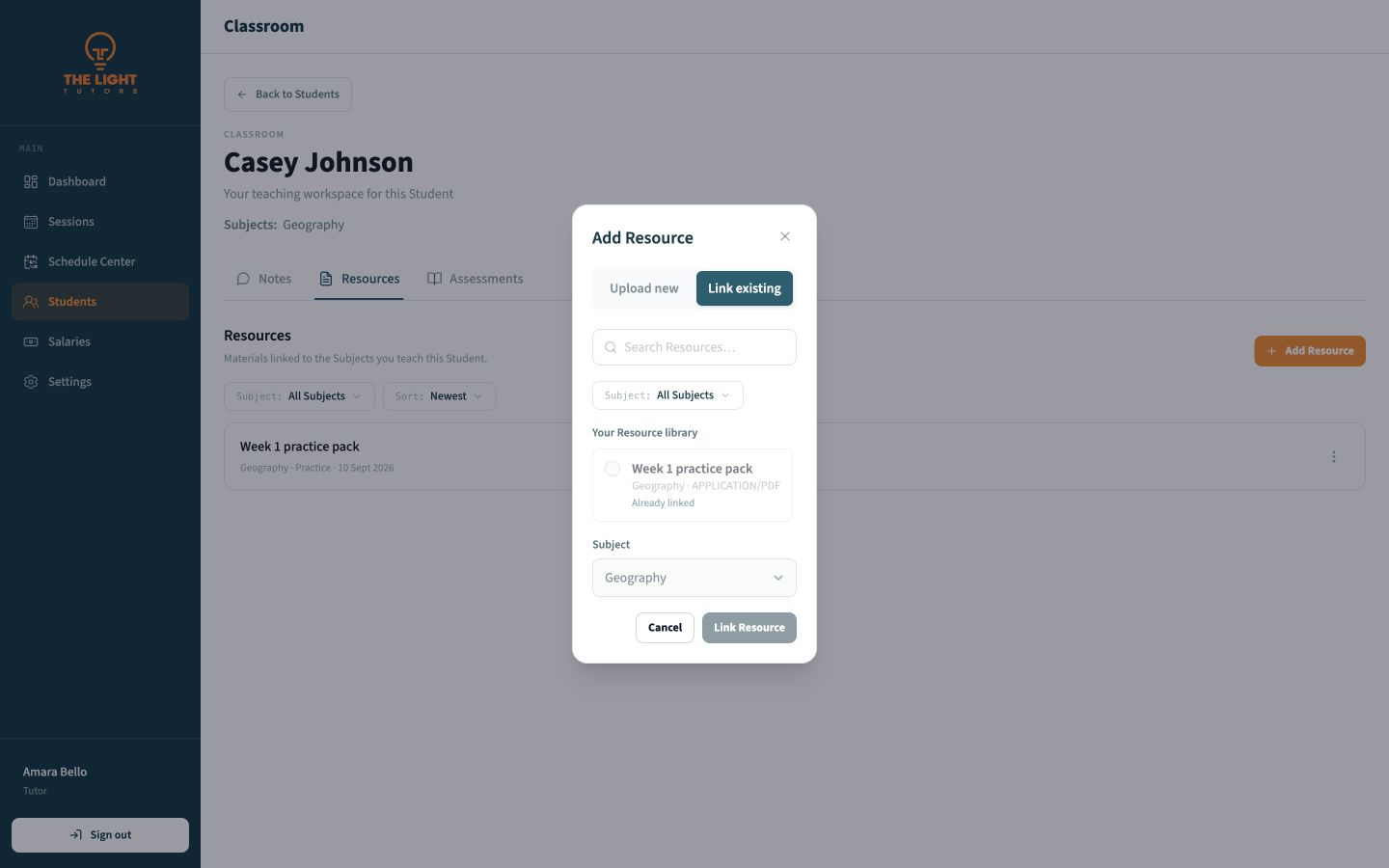 Add Resource dialog showing the tutor Resource library on the Link existing tab