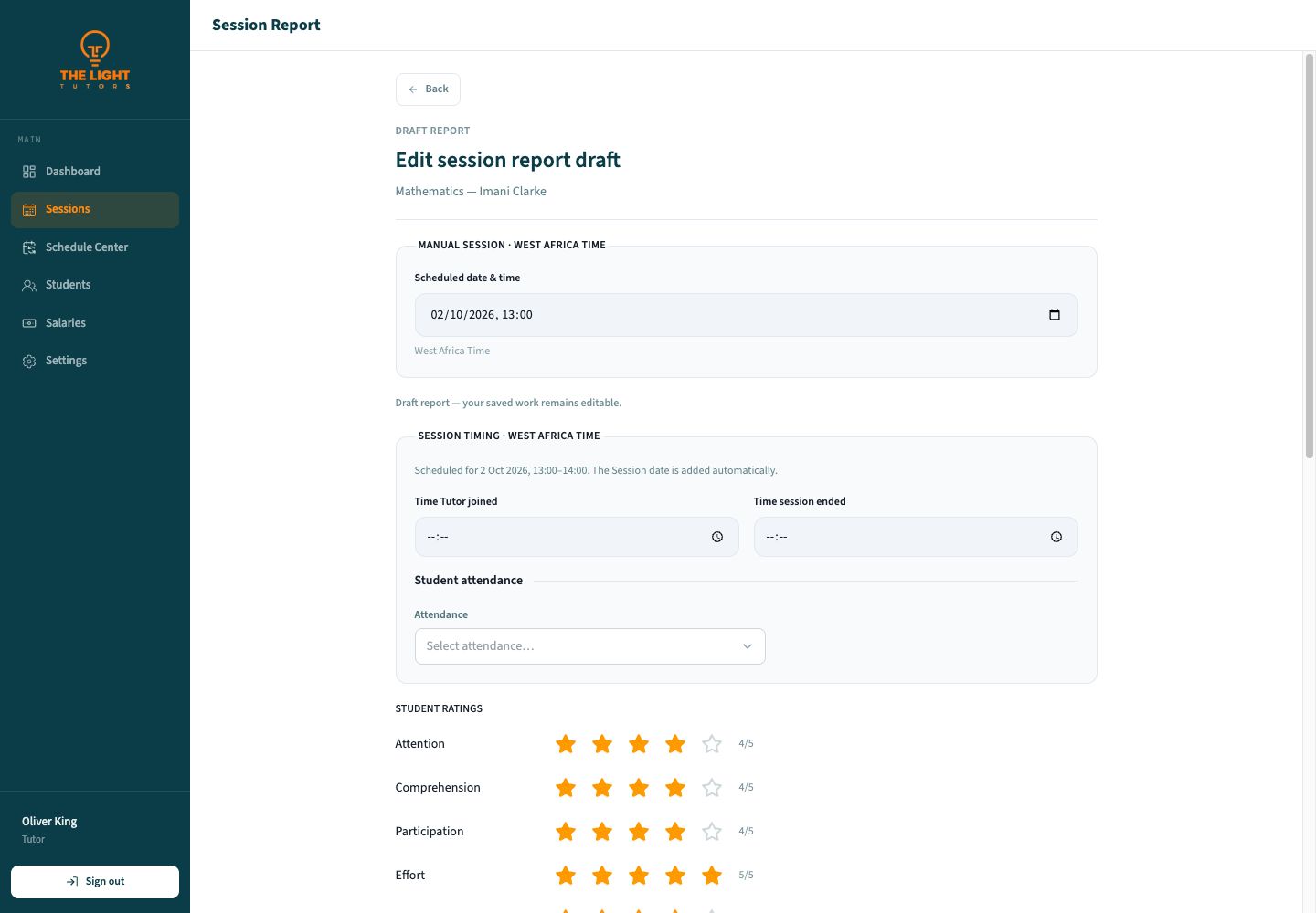 Editable manual Session draft for Mathematics showing the saved date, time, attendance, and ratings fields