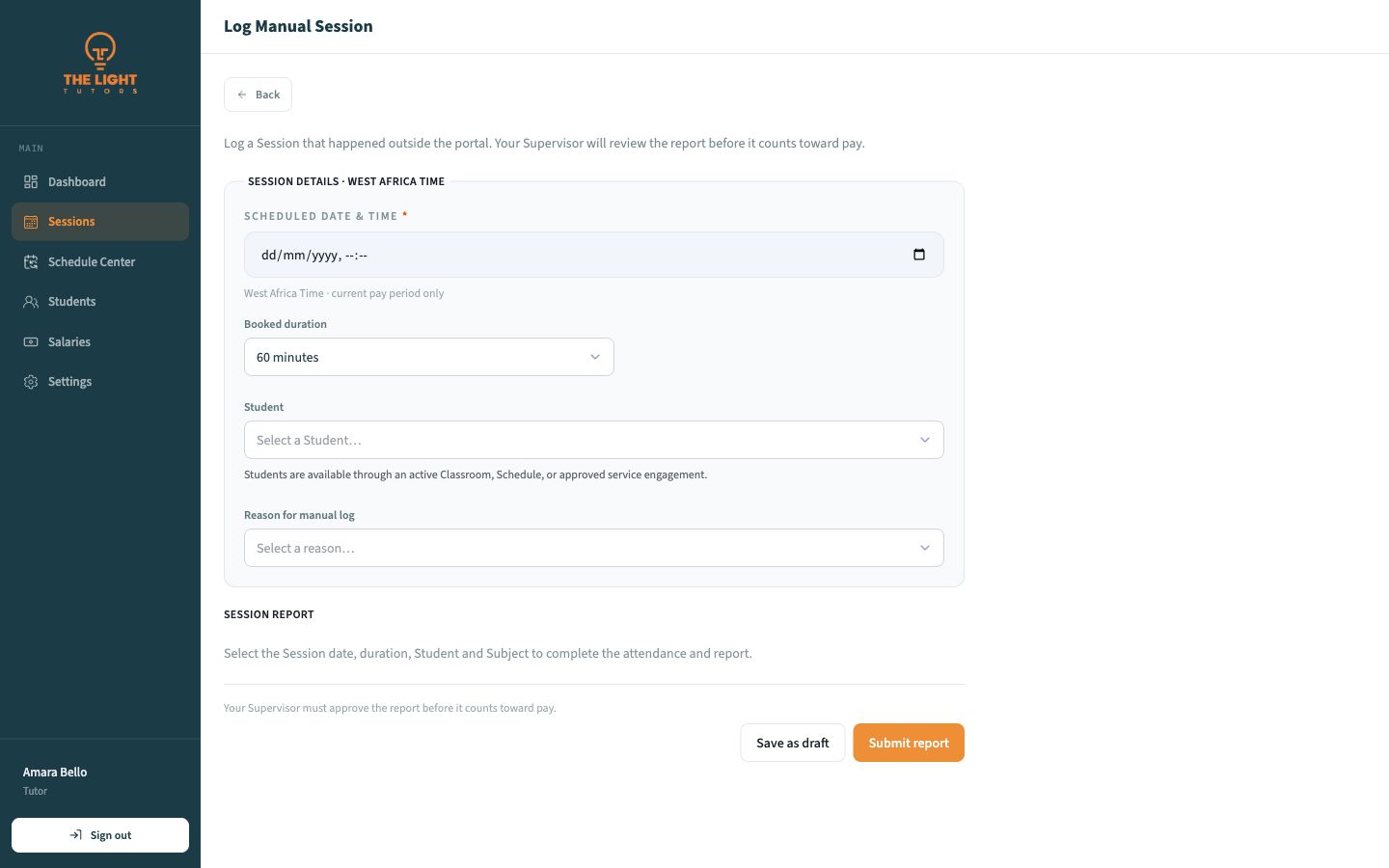 Log Manual Session form with scheduled time, duration, student, and reason