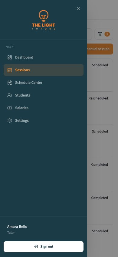 Mobile navigation drawer with all tutor portal destinations