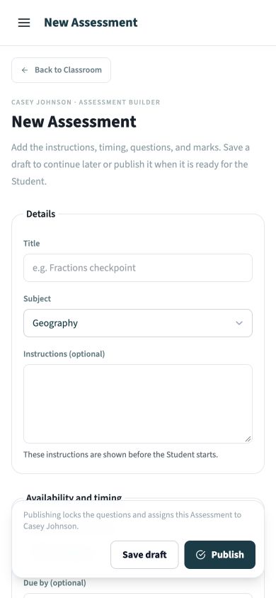 Mobile New Assessment builder with sticky Save draft and Publish buttons