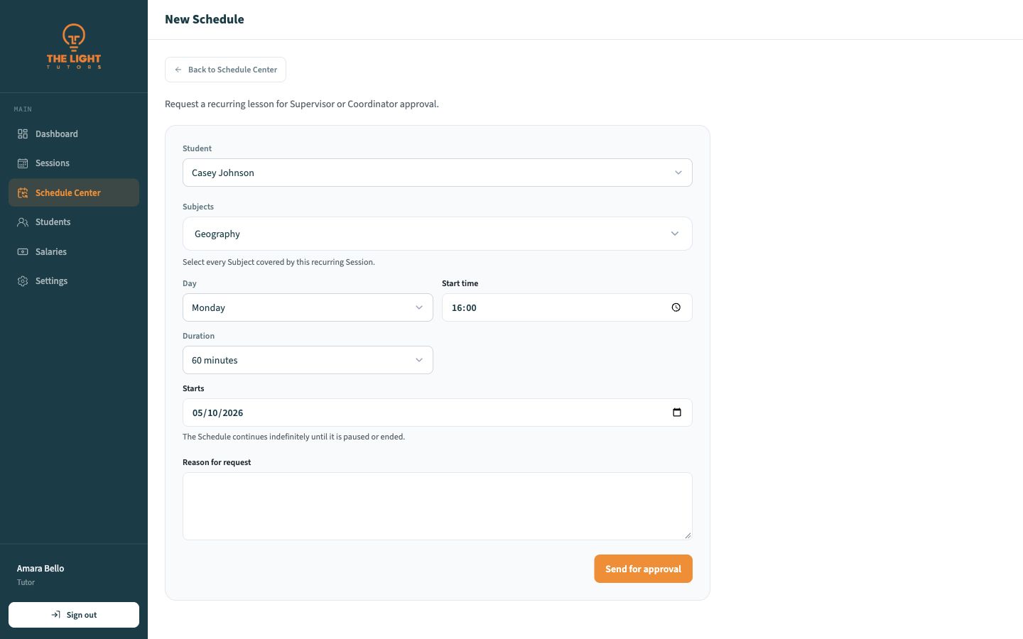 New Schedule request form with student, subjects, day, start time, duration, and start date