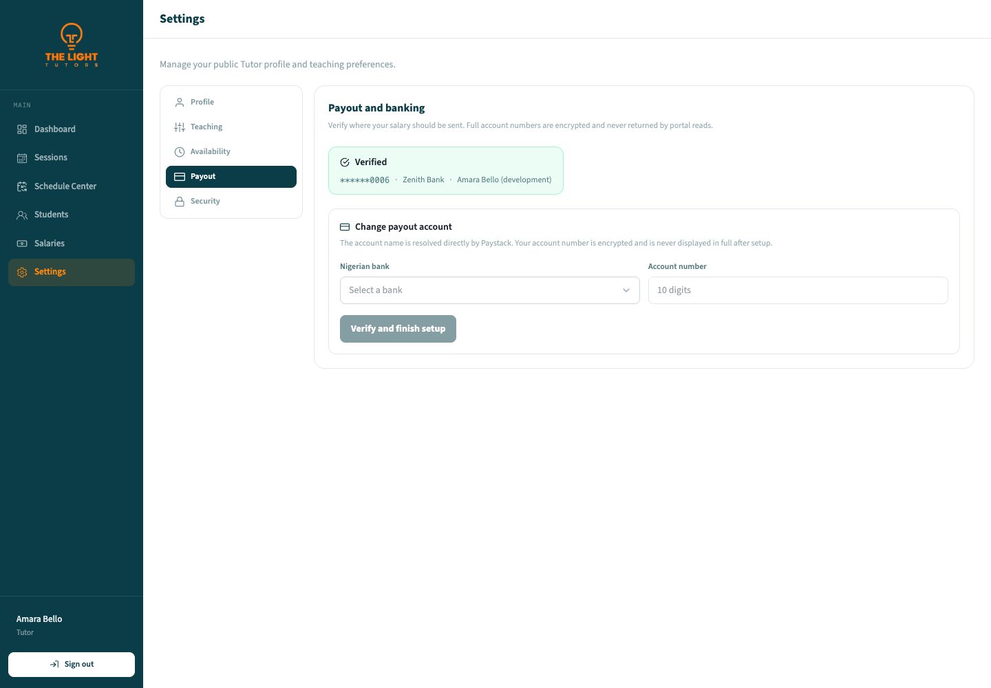 Payout settings showing a verified masked account and the Change payout account form