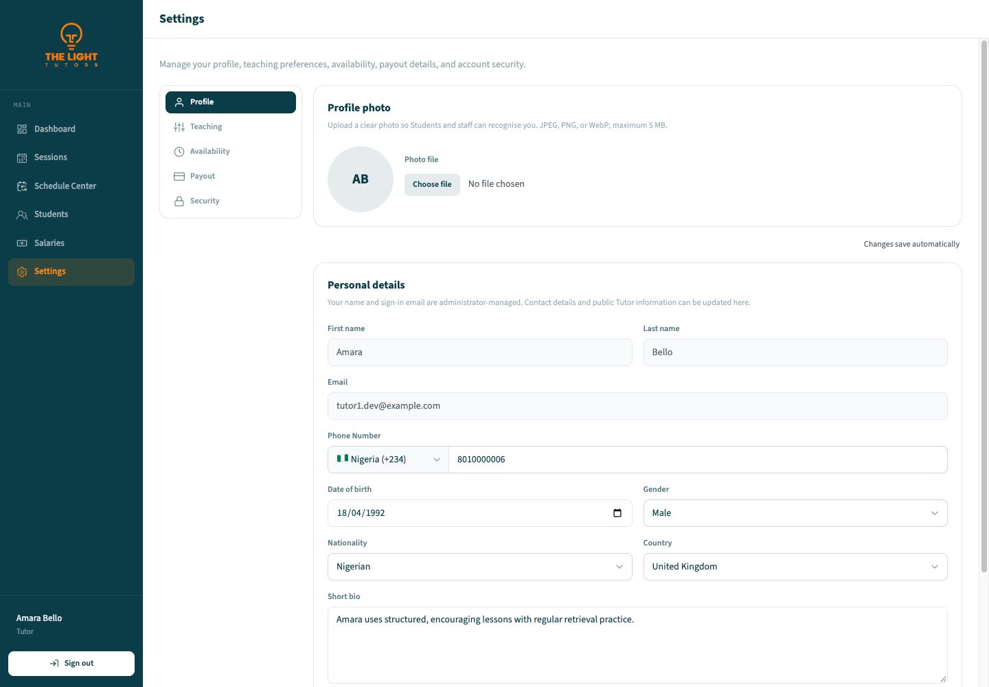 Tutor Profile settings with profile photo and personal details
