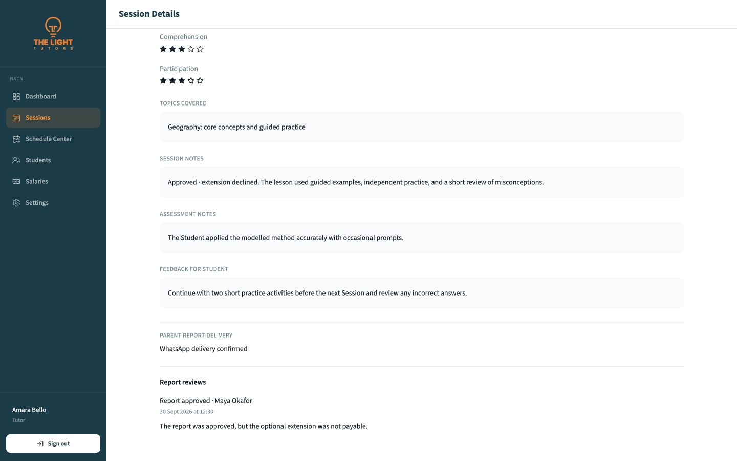 Report reviews section showing an approved report and extension decision
