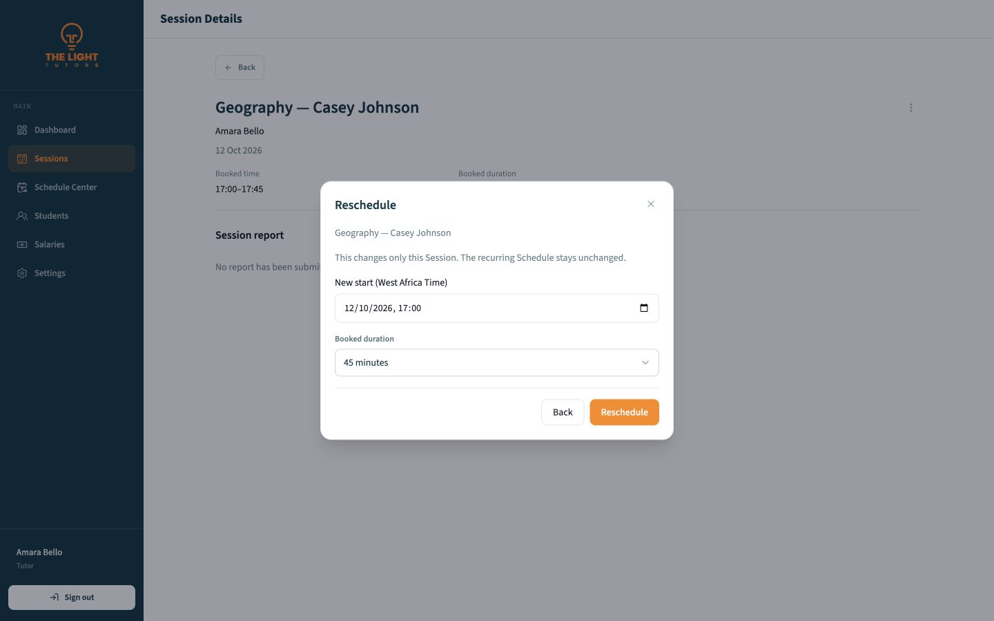 Reschedule dialog with new start and booked duration fields