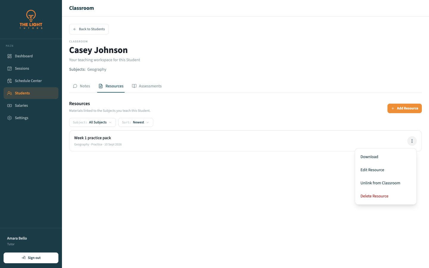 Resource actions menu with Download, Edit, Unlink, and Delete
