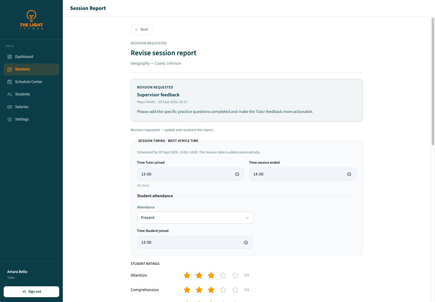 Revision requested Session report showing Supervisor feedback above the editable timing and attendance fields