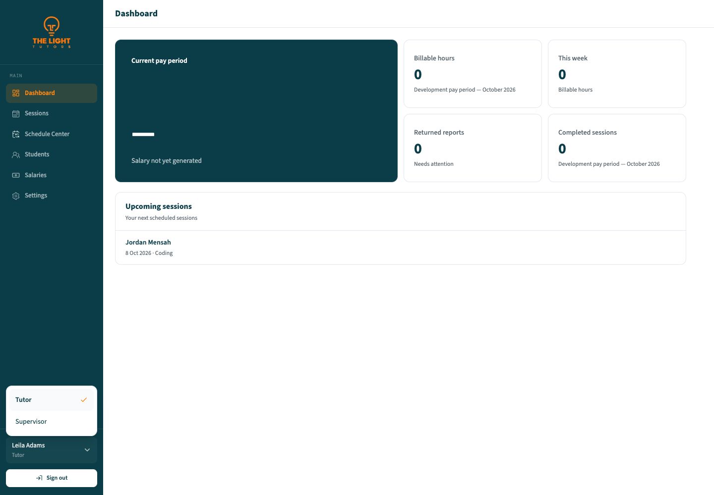 Tutor Dashboard with the Switch portal role menu showing Tutor selected and Supervisor available