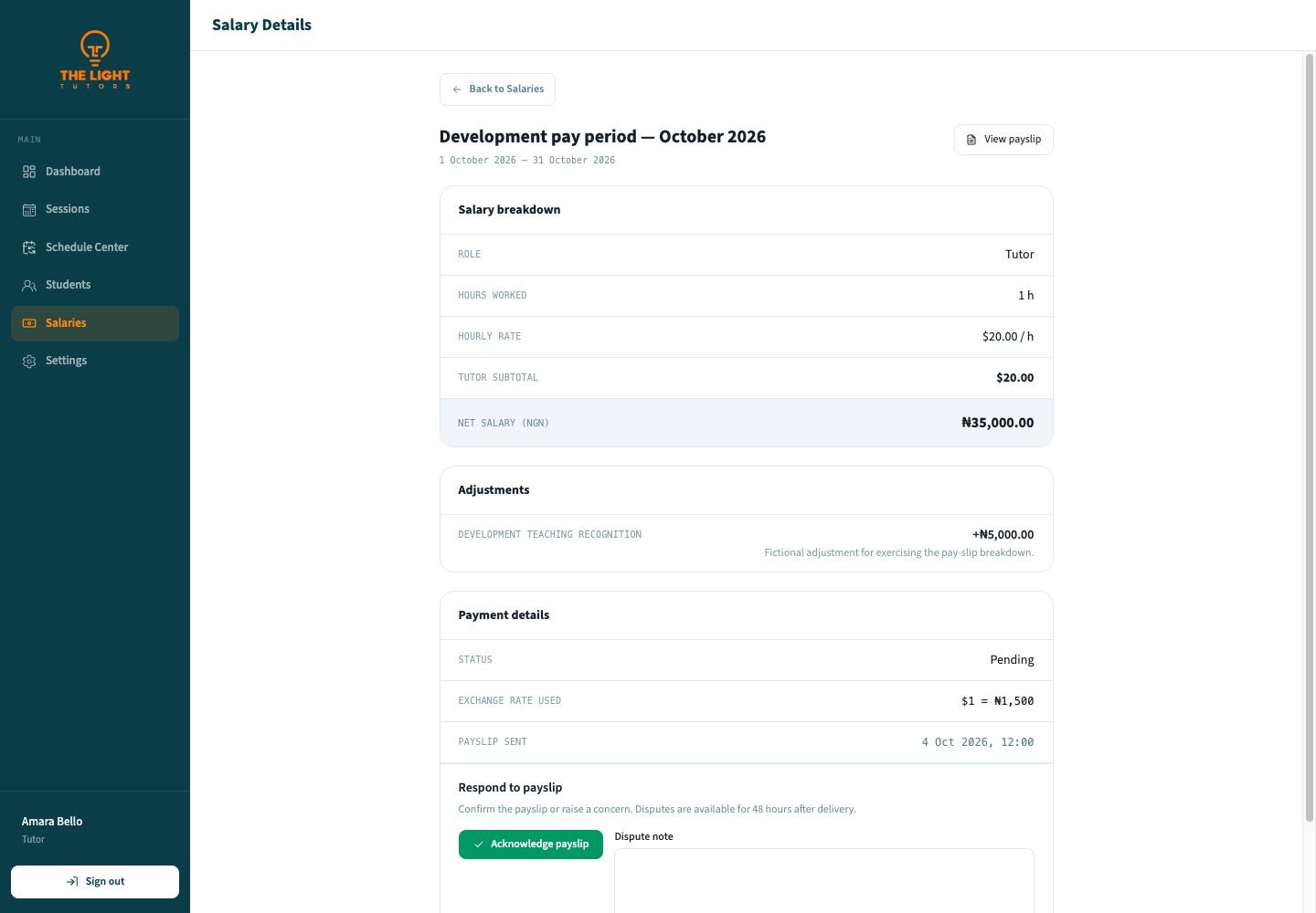 Salary Details page showing hours, hourly rate, net salary, a positive adjustment, payment details, and response controls