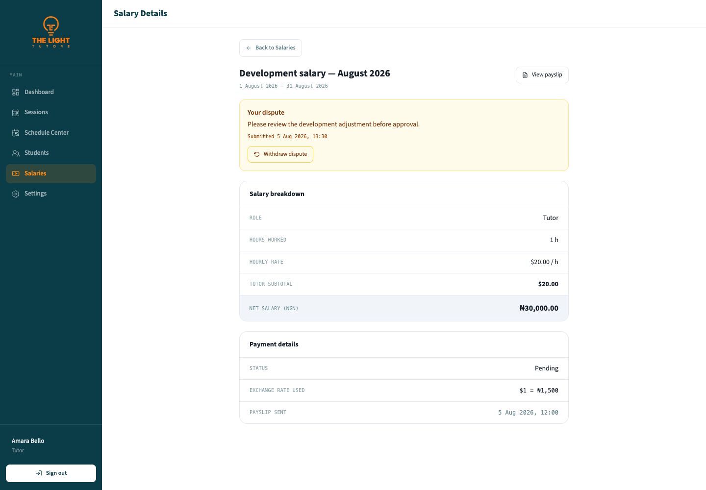Salary Details page showing a submitted dispute note and Withdraw dispute action