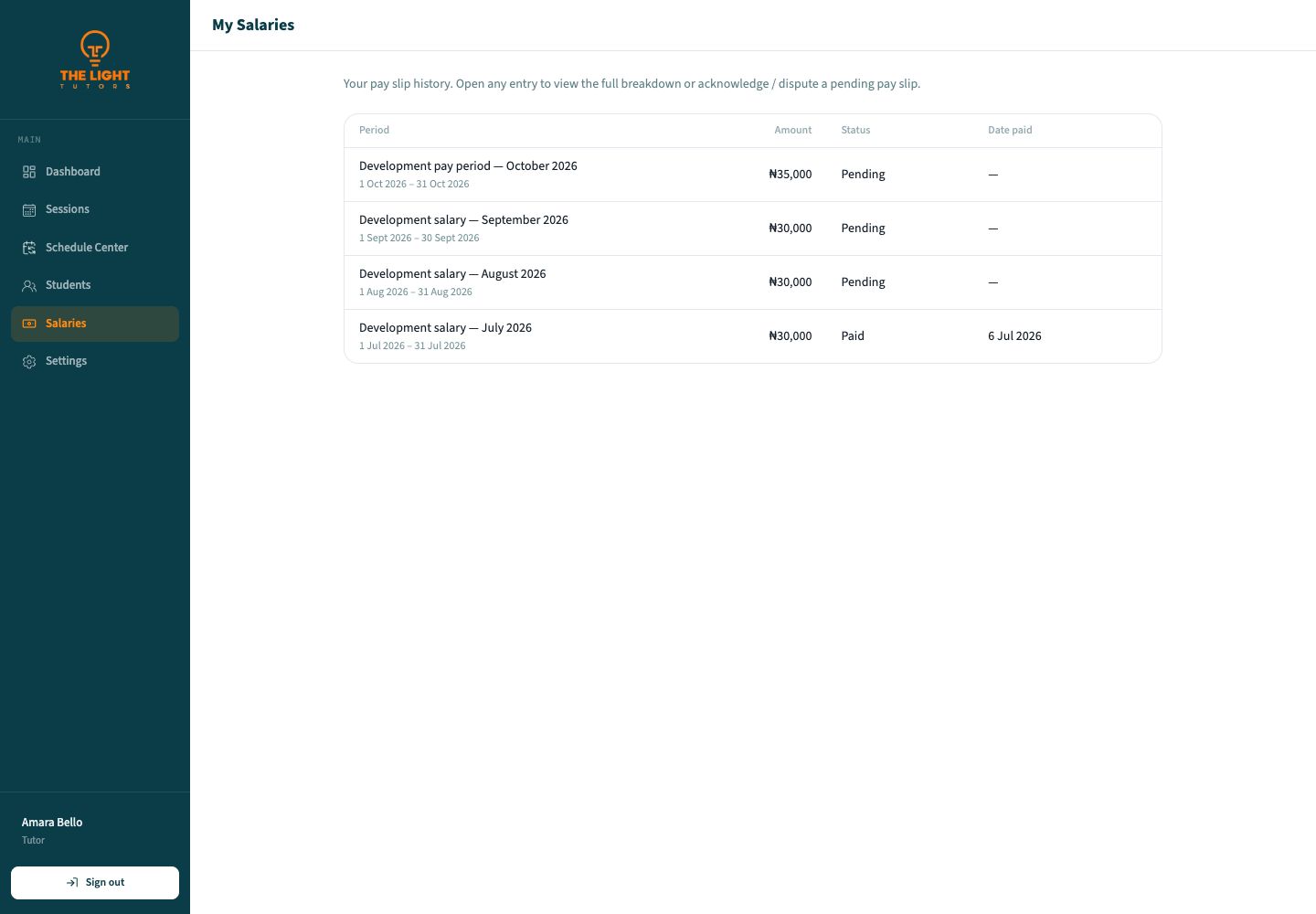 My Salaries page listing current and previous pay slips with pending and paid statuses