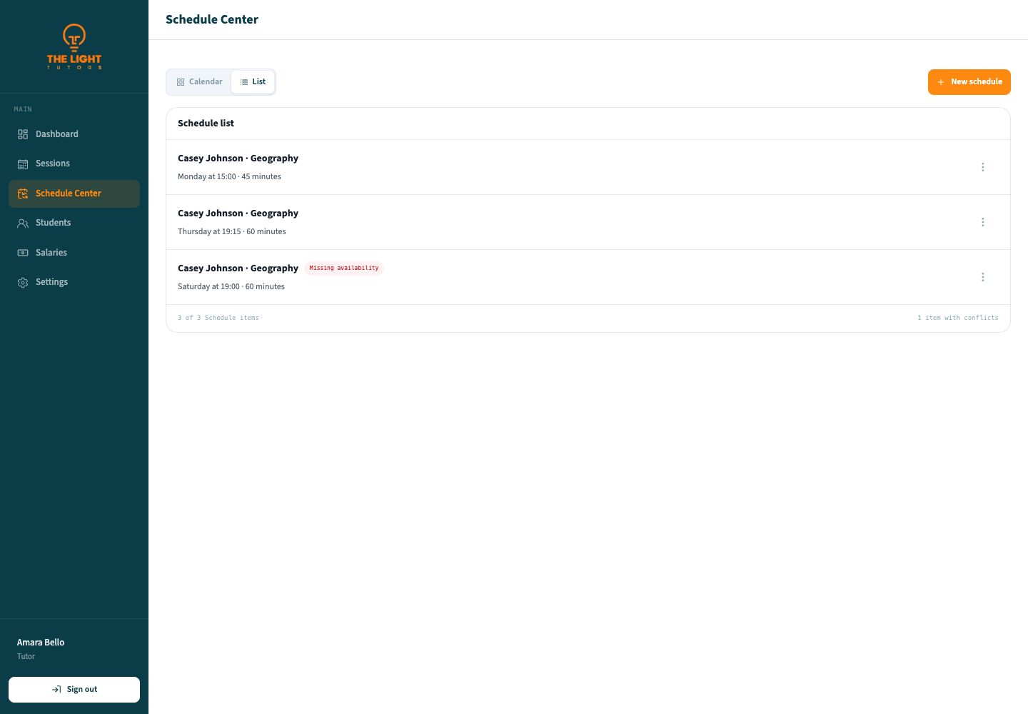 Schedule Center list view showing three recurring Geography schedule items