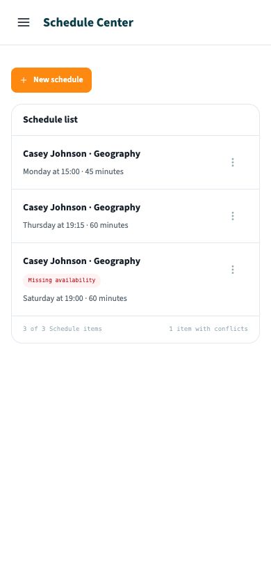 Mobile Schedule Center showing a list of recurring schedules without a calendar switcher