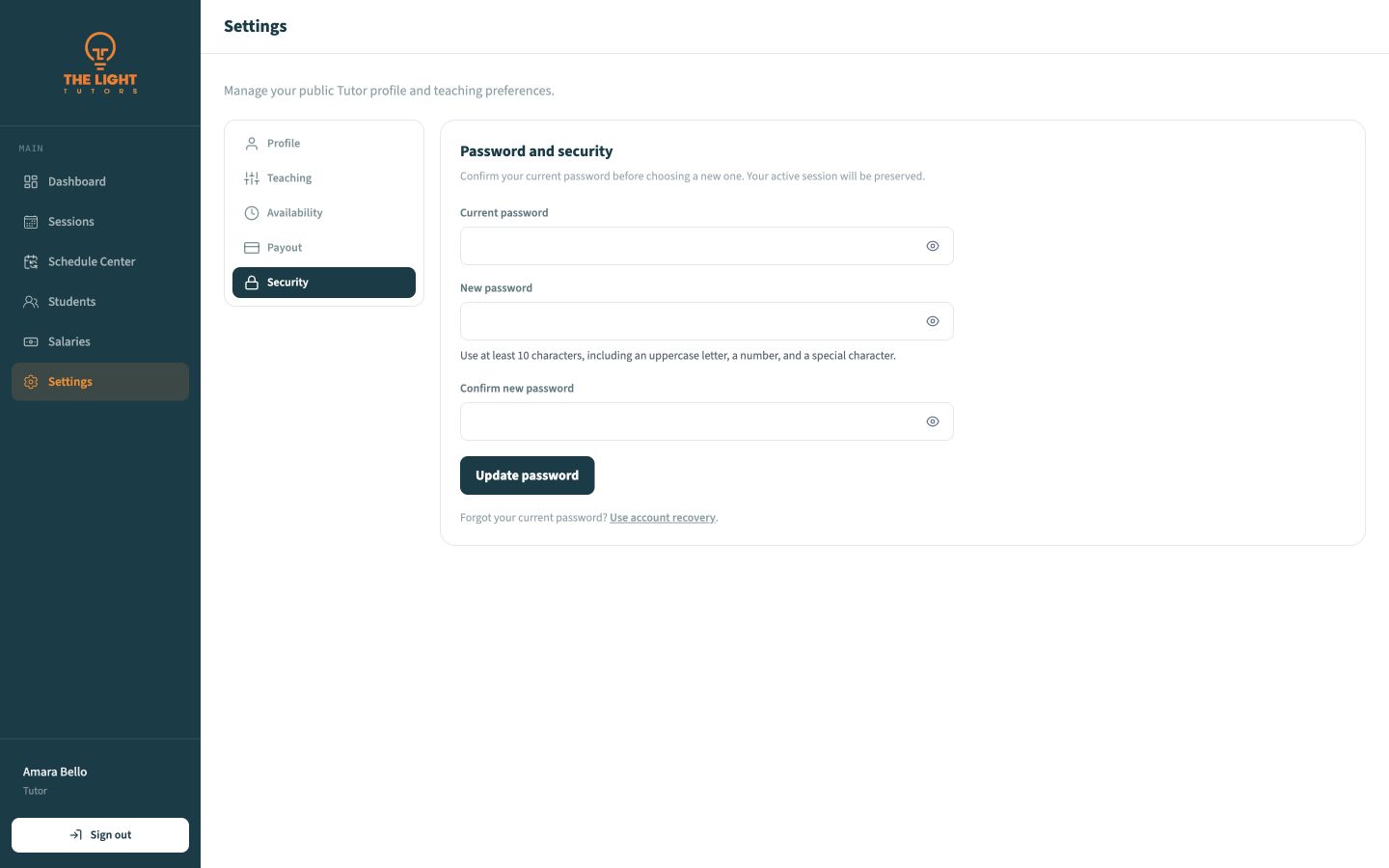 Password and security settings with current, new, and confirm password fields