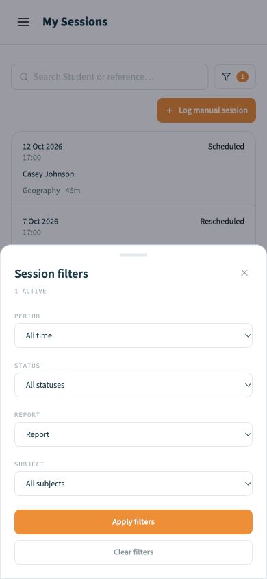Mobile Session filters sheet with period, status, report, and subject controls