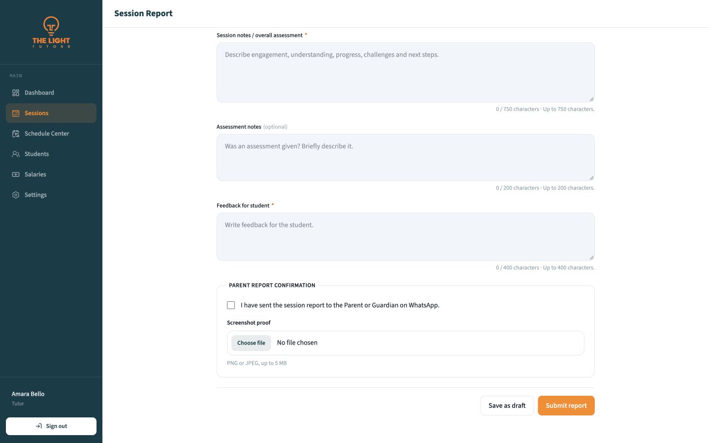 Lower part of the Session Report with notes, parent confirmation, proof upload, and submission buttons