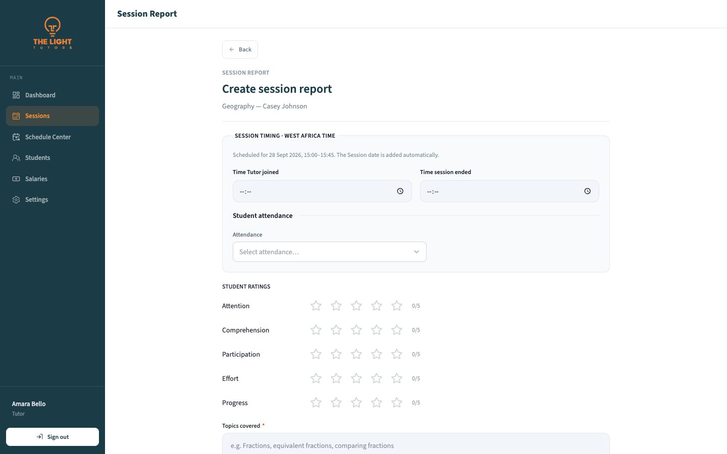 Session Report form showing timing, attendance, and student ratings