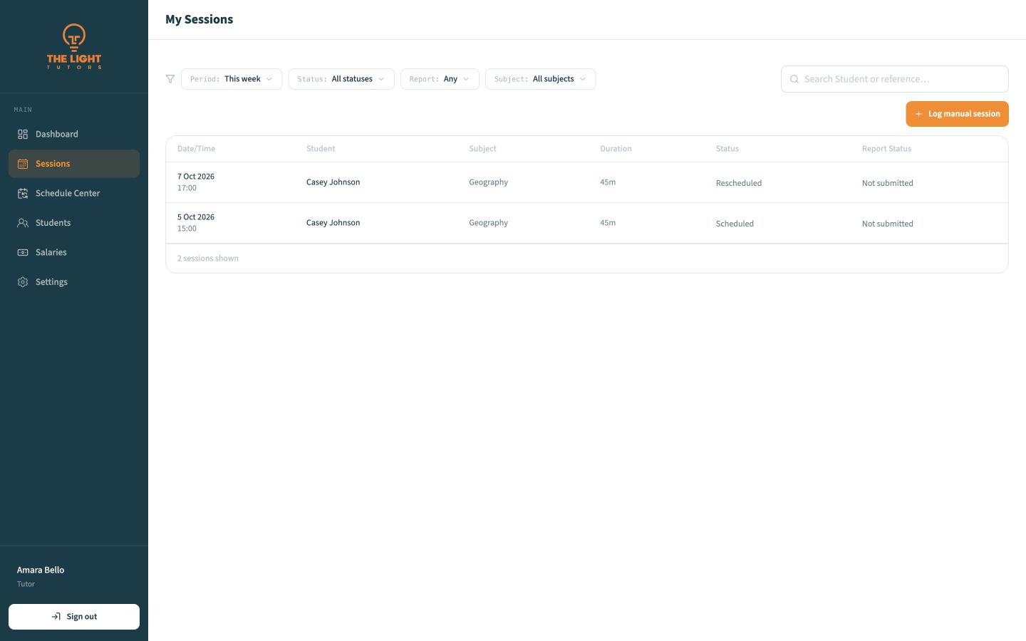 Desktop My Sessions list with filters and report status