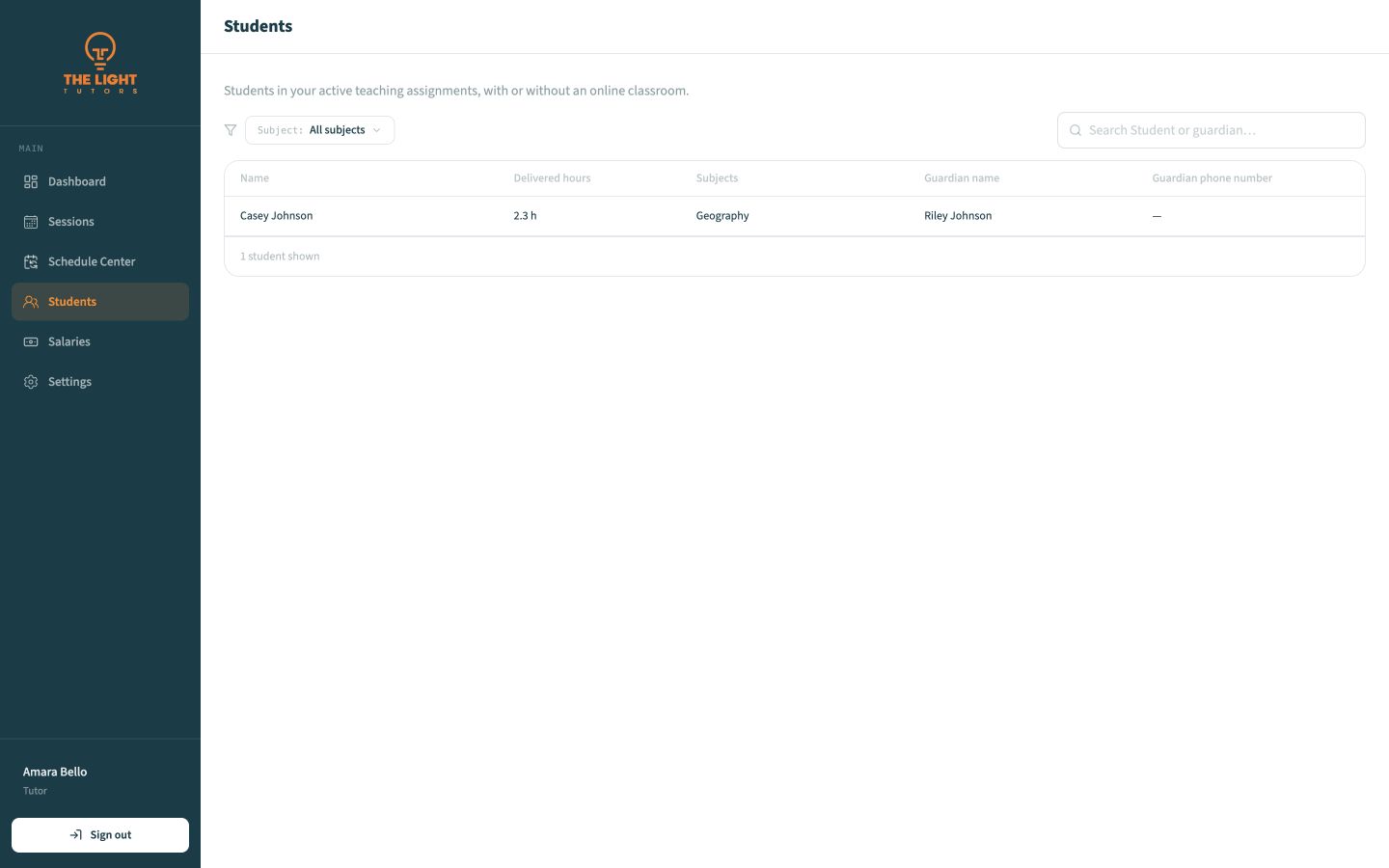 Students list with delivered hours, subjects, and guardian information