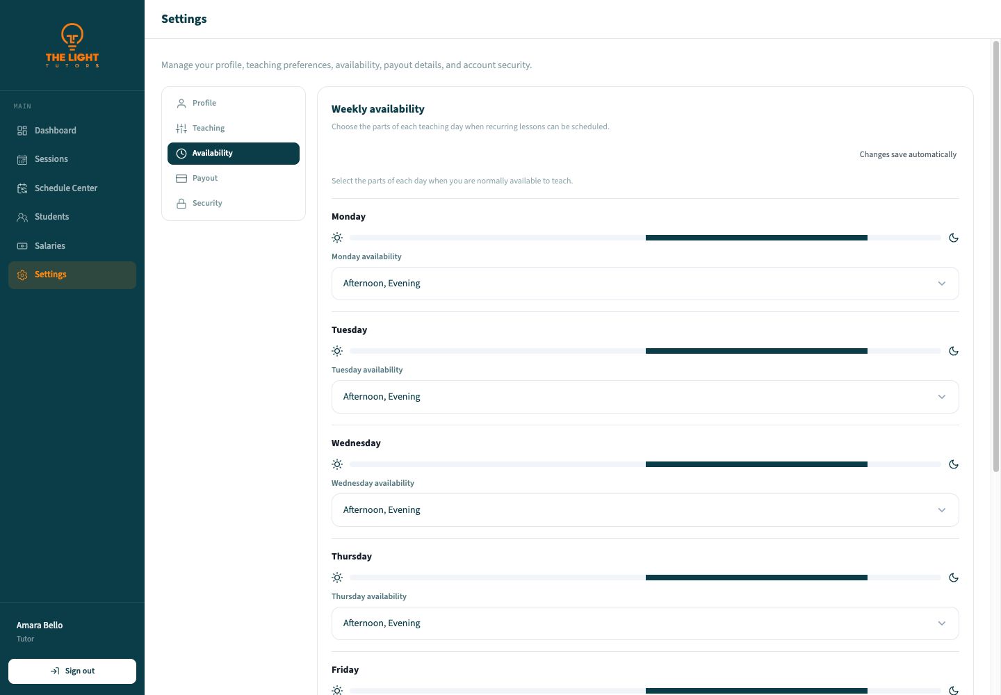 Weekly availability editor with day-by-day teaching blocks and Changes save automatically status